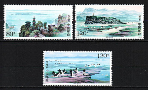 Китай _, 2019, Горы, Природный парк, Озеро Поянг, Птицы, Журавли, 3 марки